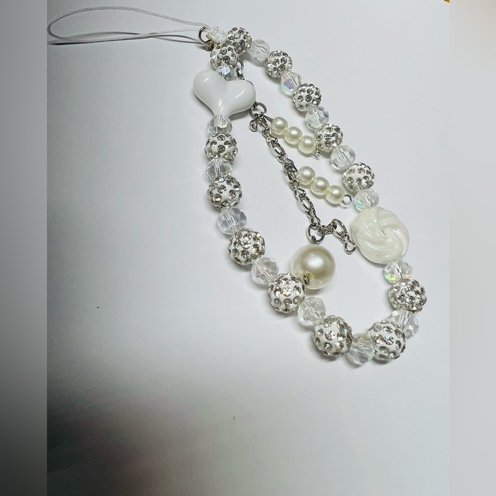 Elegant Silver and White Beaded Phone Chain